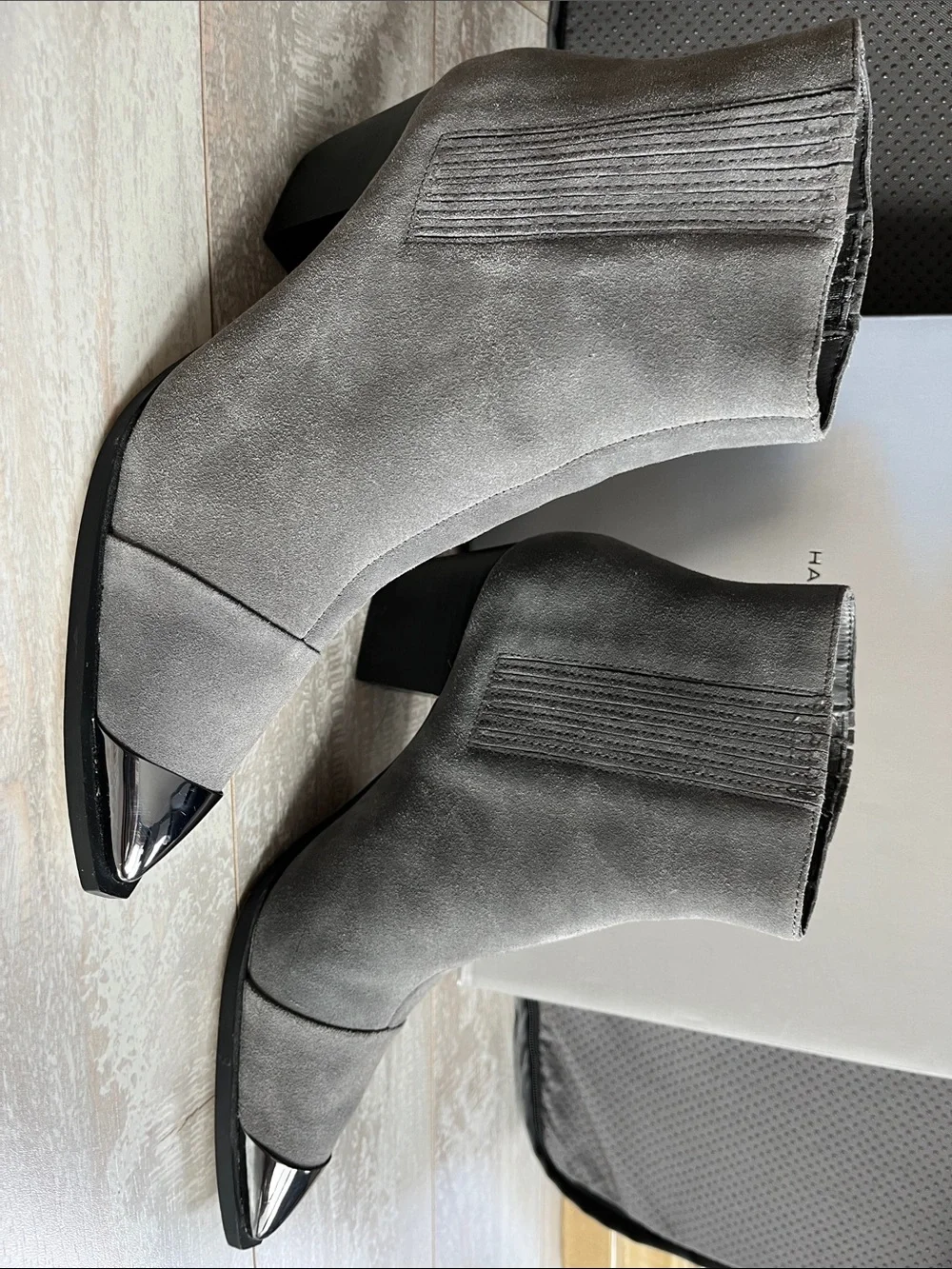 Halston Heritage Gray Suede Pointed Toe Ankle Booties with Silver Metal Cap 7M